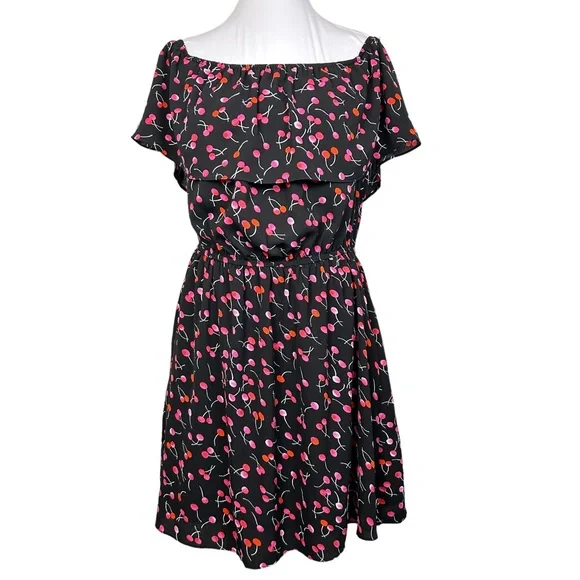 Dress Black w/ Red Cherries Flounce Top Elastic Waist Size M like … - Picture 1 of 11